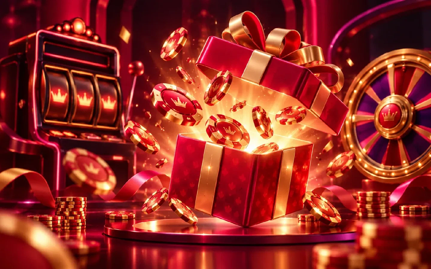 Caja de regalo roja con fichas doradas y luces de casino