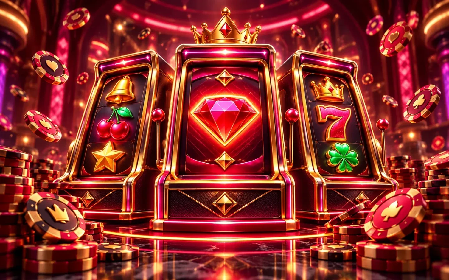 Máquinas decorativas de casino con fichas y luces rojas y doradas