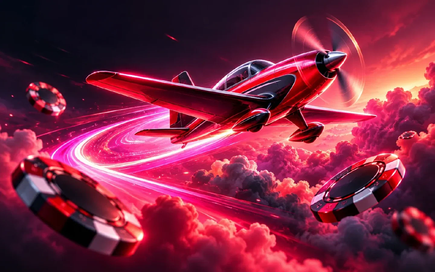 Avión estilizado entre luces magenta, nubes y fichas de casino