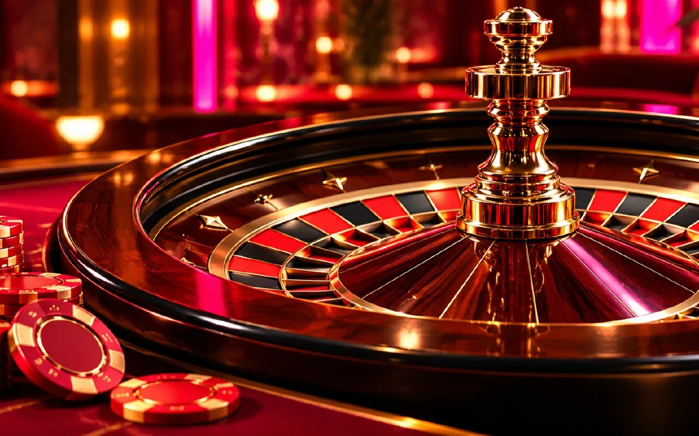 Ruleta y fichas iluminadas en rojo, magenta y dorado