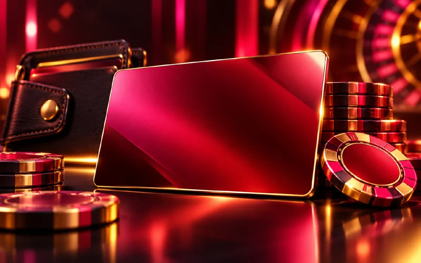 Tarjeta abstracta y fichas sobre un fondo de casino rojo y dorado