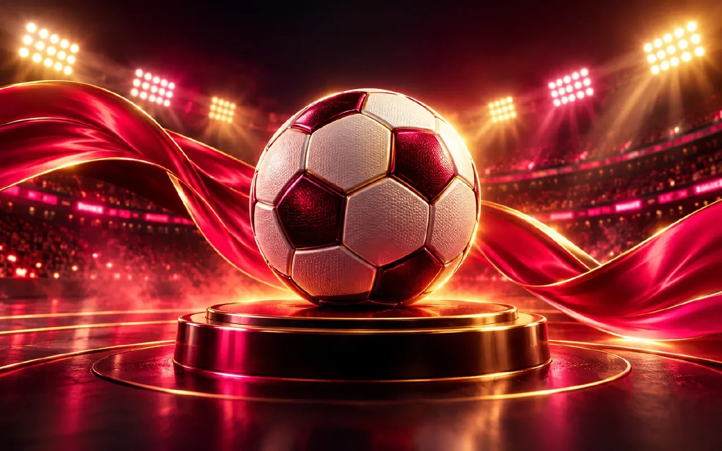 Balón de fútbol con iluminación de estadio y detalles rojos
